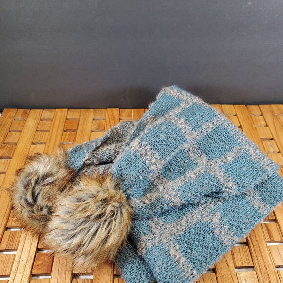 Simply Noelle Luxe Knit Scarf with Faux Fur Pom Poms — Blue & Gray Plaid Winter - Picture 2 of 6